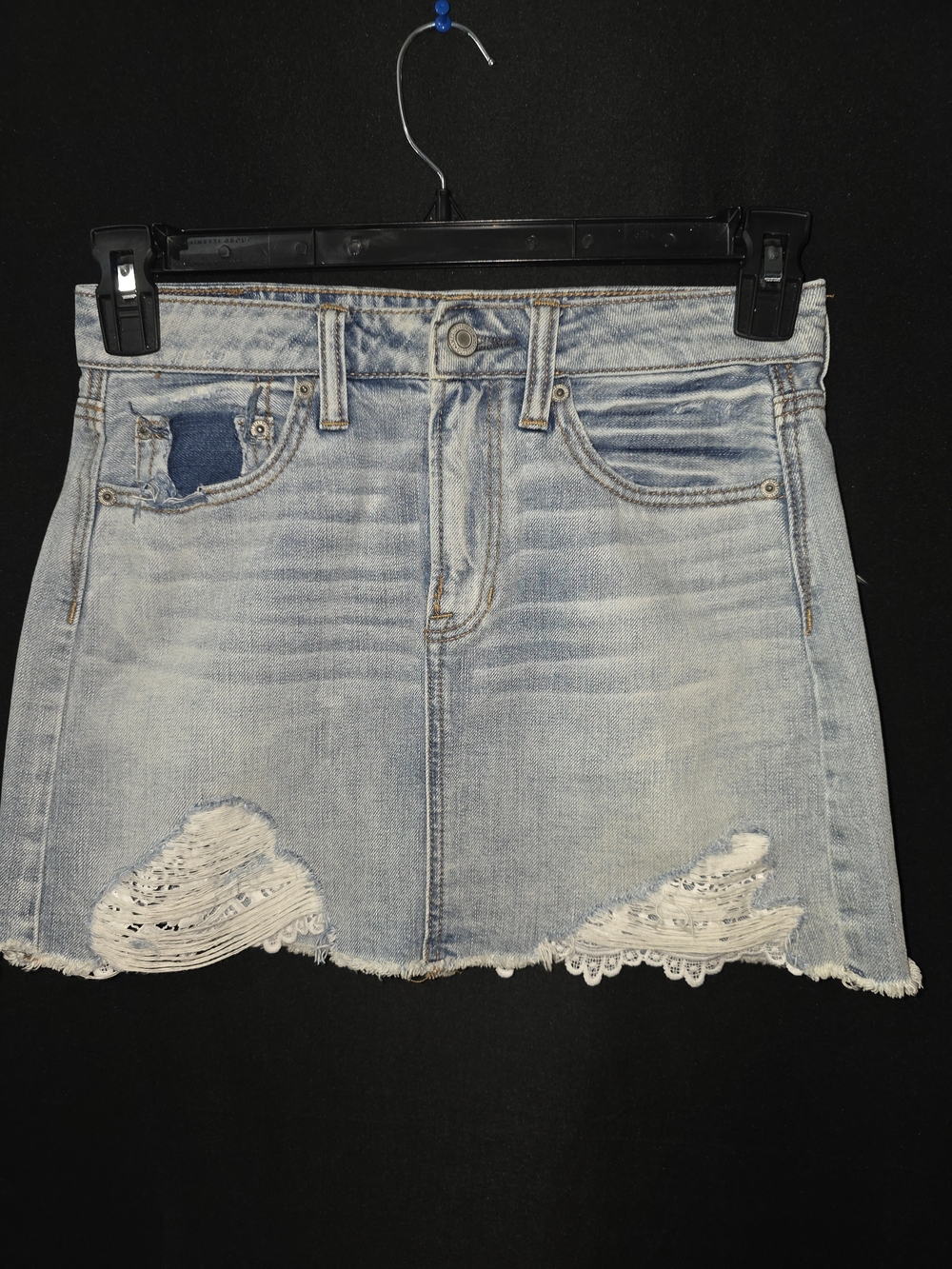 American Eagle Outfitters Light Blue Distressed Lace-Trim Denim Mini Skirt